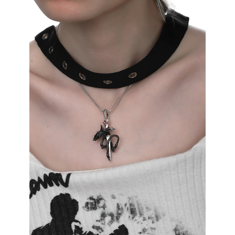 Black Dragon Ruby Sword Snake Chain Necklace
