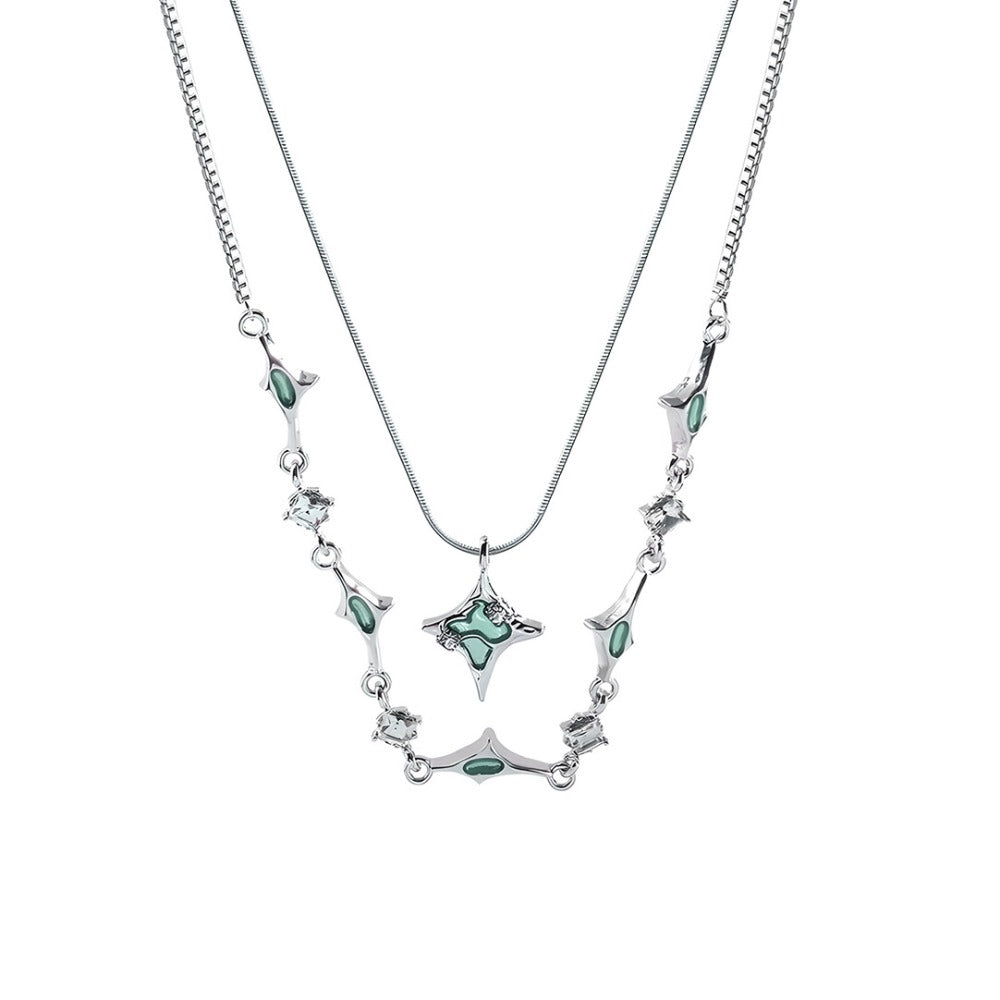 Blue Four-Point Star Crystal Pendant Layered Necklace Set