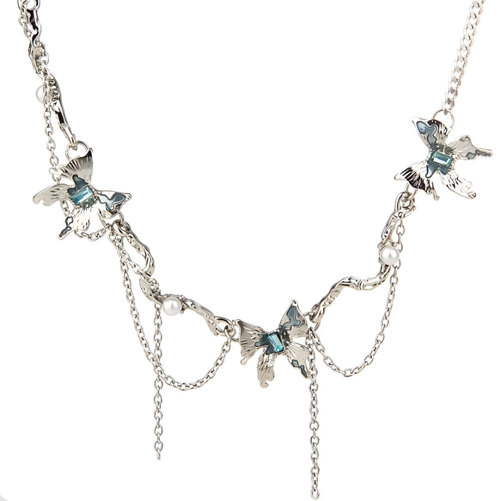 Glacial Butterfly Tassel Splice Collarbone Necklace
