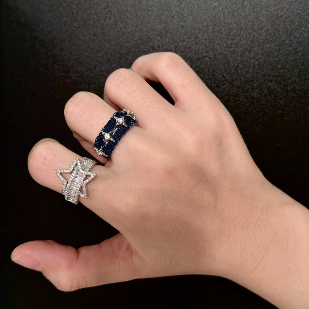 Vintage Open Band Star & Denim Ring