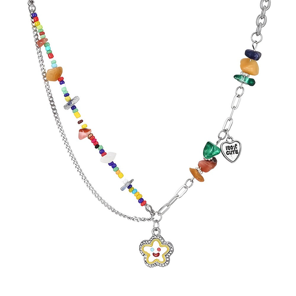Colourful Beaded Double-Layer Pendant Necklace