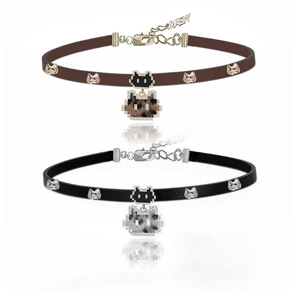 Pixel Kitty Leather Choker & Collarbone Necklace