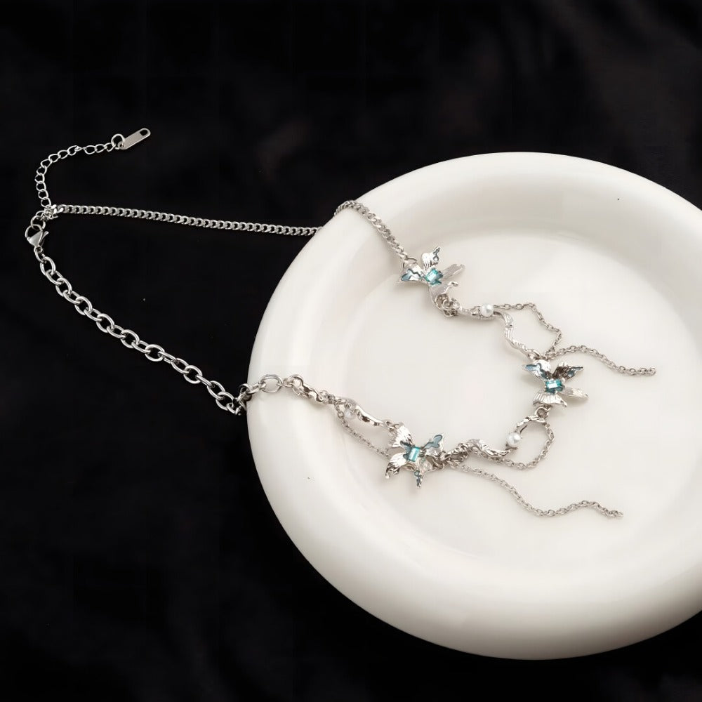 Glacial Butterfly Tassel Splice Collarbone Necklace