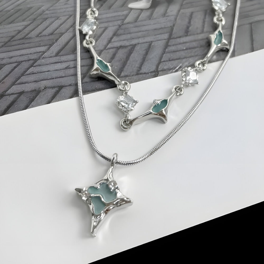 Blue Four-Point Star Crystal Pendant Layered Necklace Set