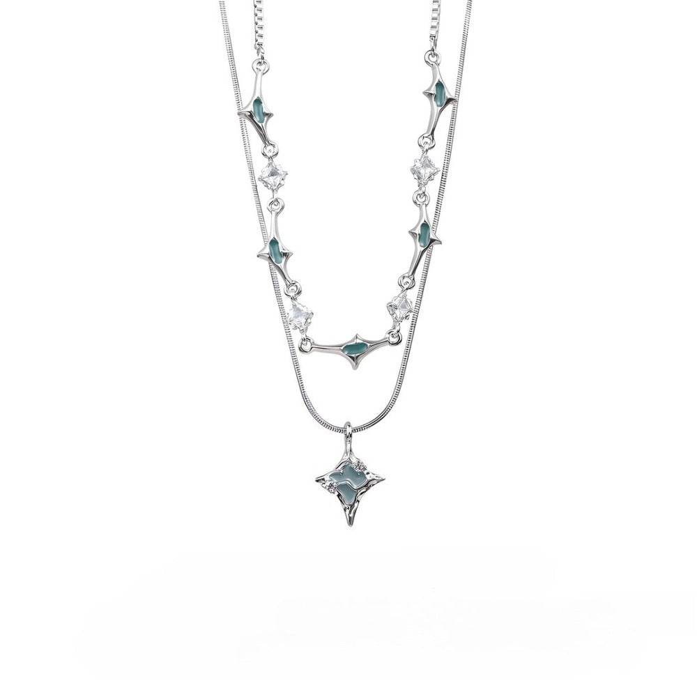 Blue Four-Point Star Crystal Pendant Layered Necklace Set
