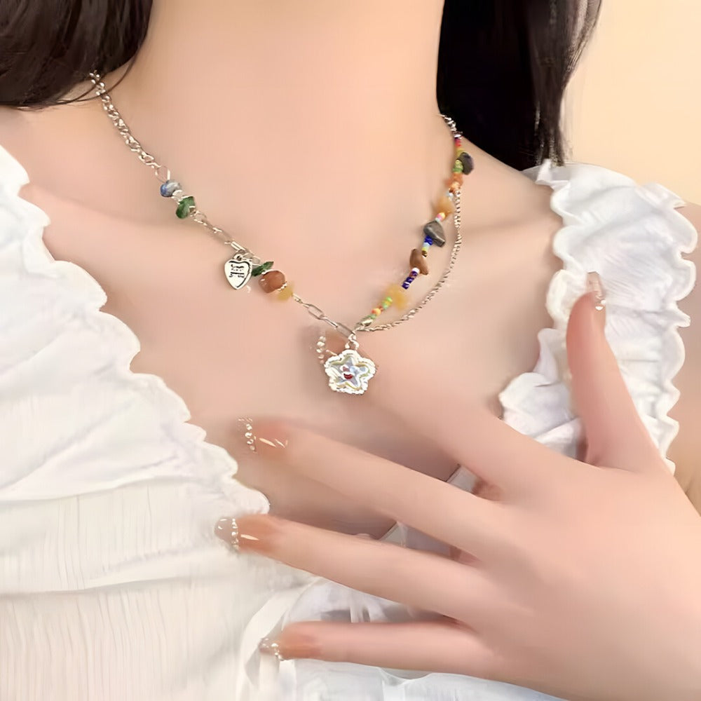 Colourful Beaded Double-Layer Pendant Necklace