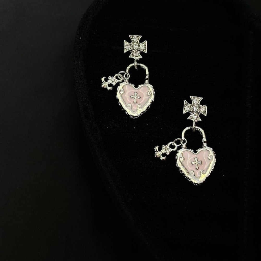Vintage Pink Heart Caged Key Earrings