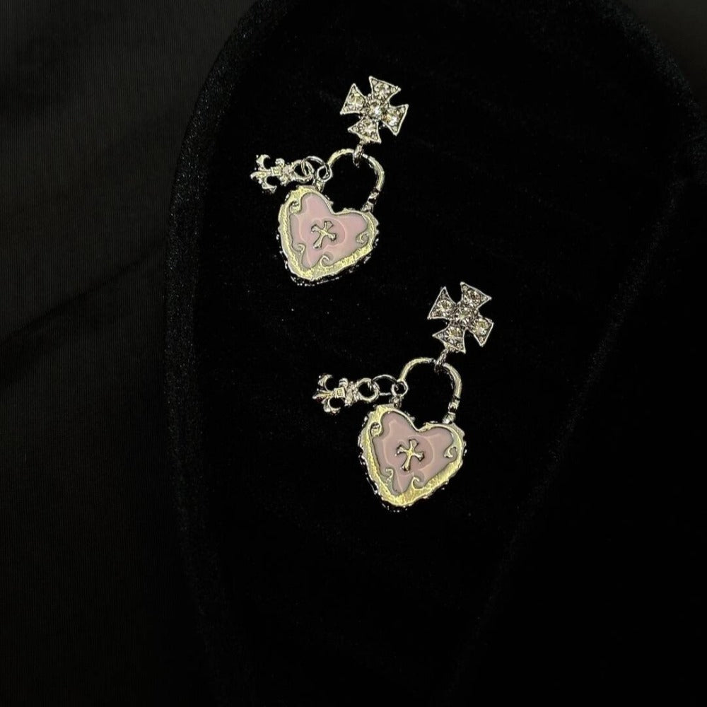 Vintage Pink Heart Caged Key Earrings