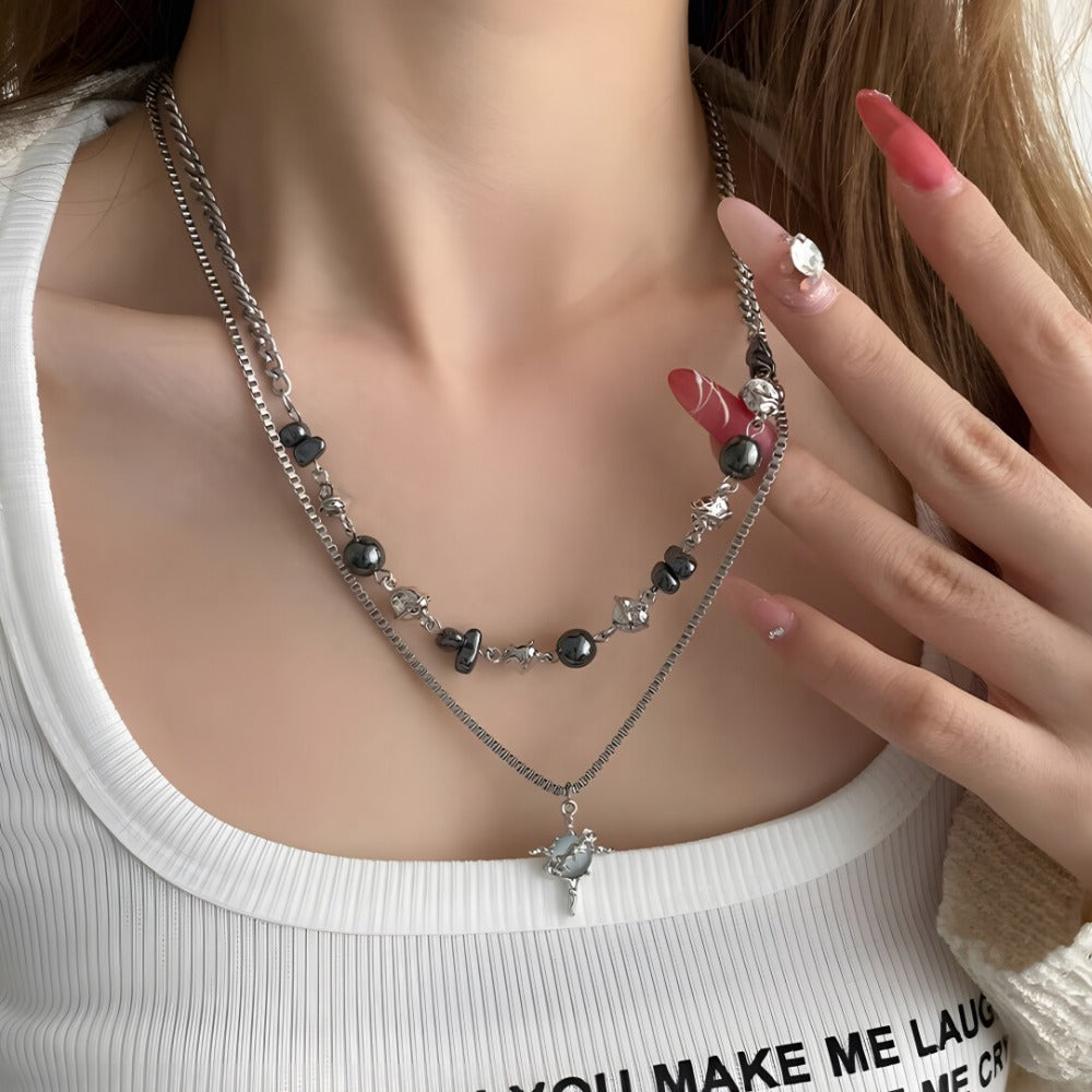 Ice Crackle Bead Cross Layered Necklace Set