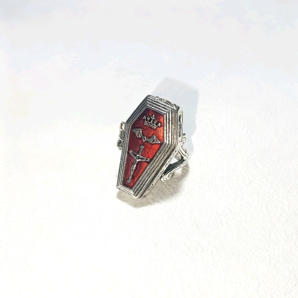 Crimson Coffin Pact – Cross & Bat Coffin Ring