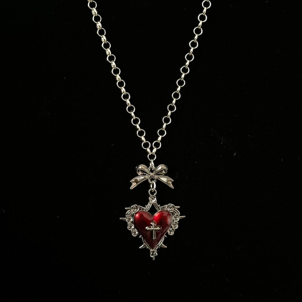 Vintage Red Shadow Heart Cross Necklace