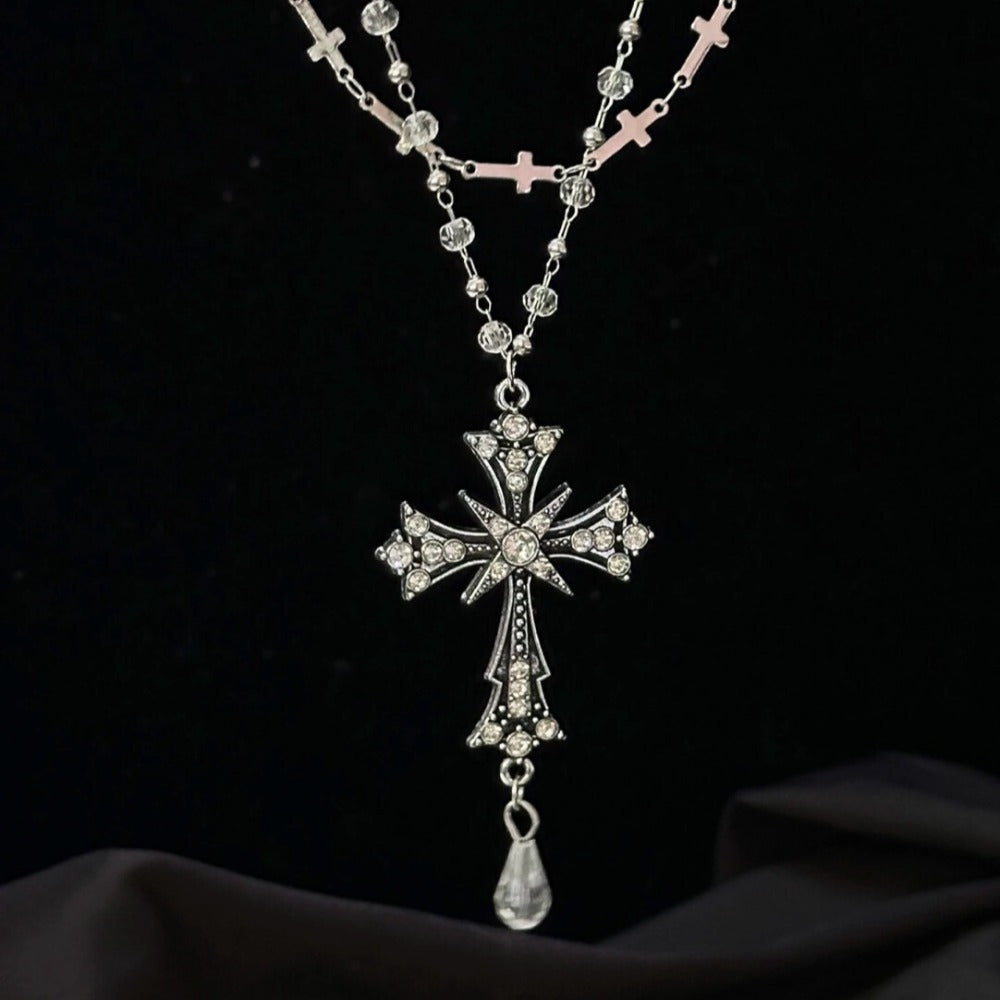 Full Crystal Pearl Cross Necklace