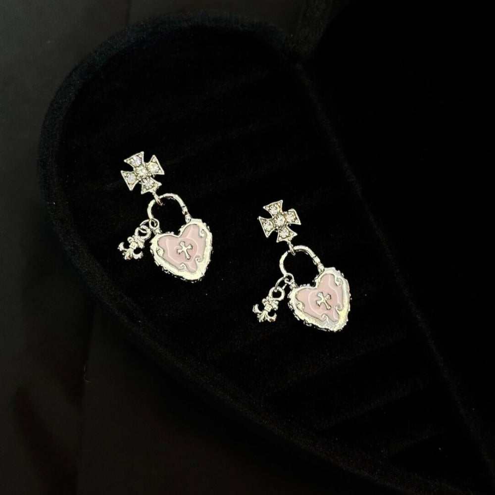 Vintage Pink Heart Caged Key Earrings
