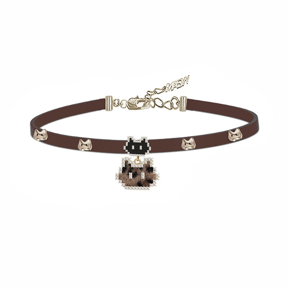 Pixel Kitty Leather Choker & Collarbone Necklace
