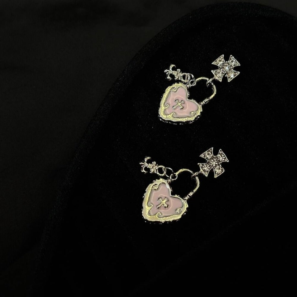 Vintage Pink Heart Caged Key Earrings