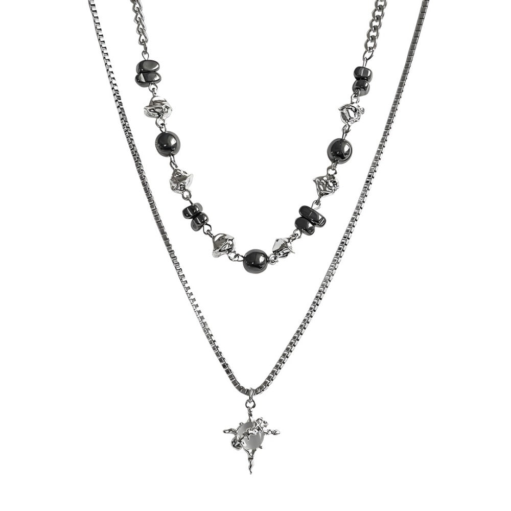 Ice Crackle Bead Cross Layered Necklace Set