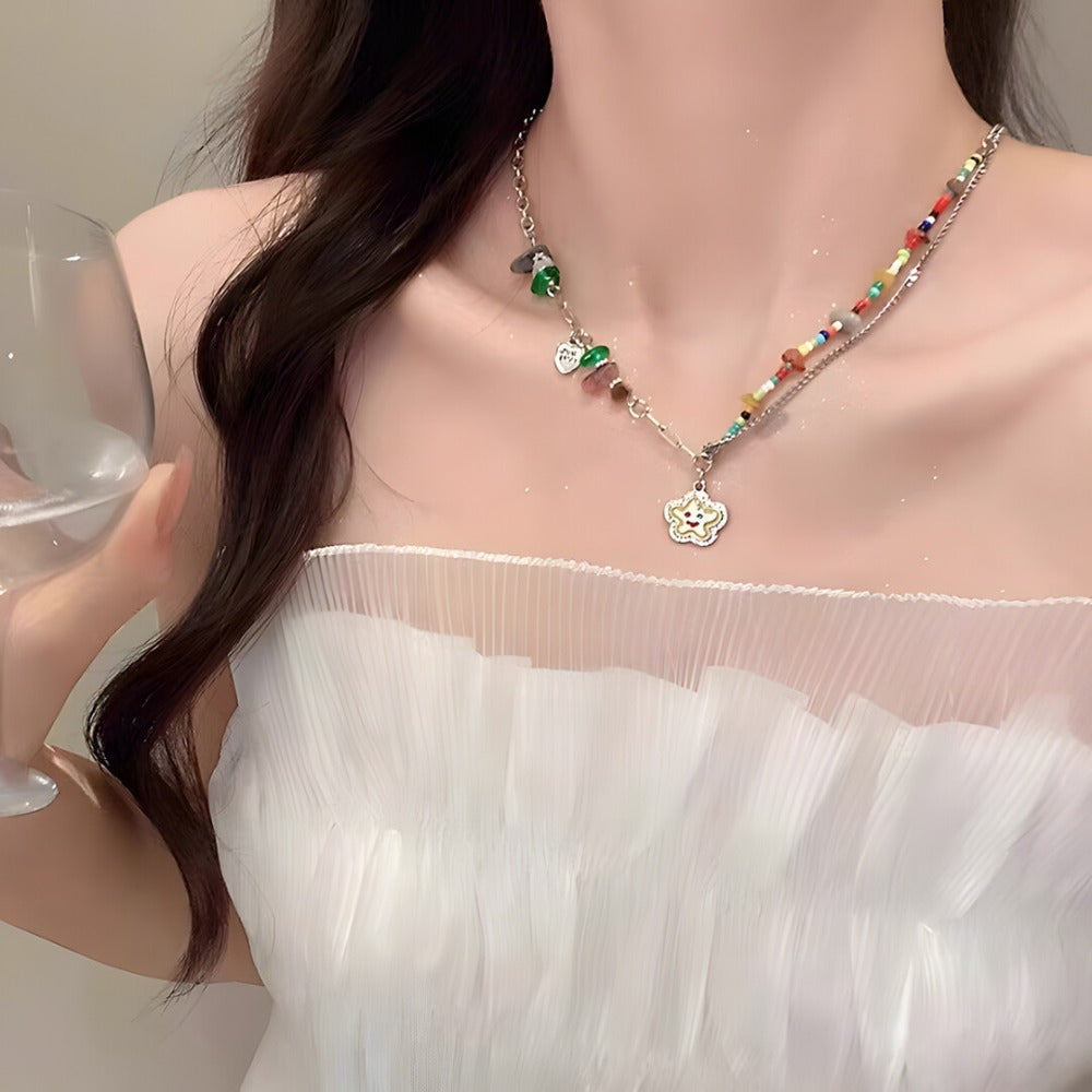 Colourful Beaded Double-Layer Pendant Necklace