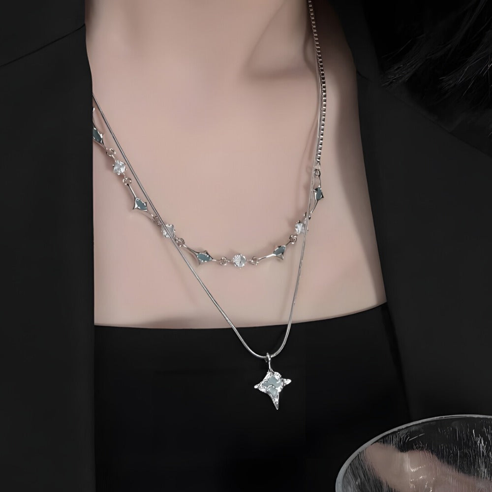 Blue Four-Point Star Crystal Pendant Layered Necklace Set