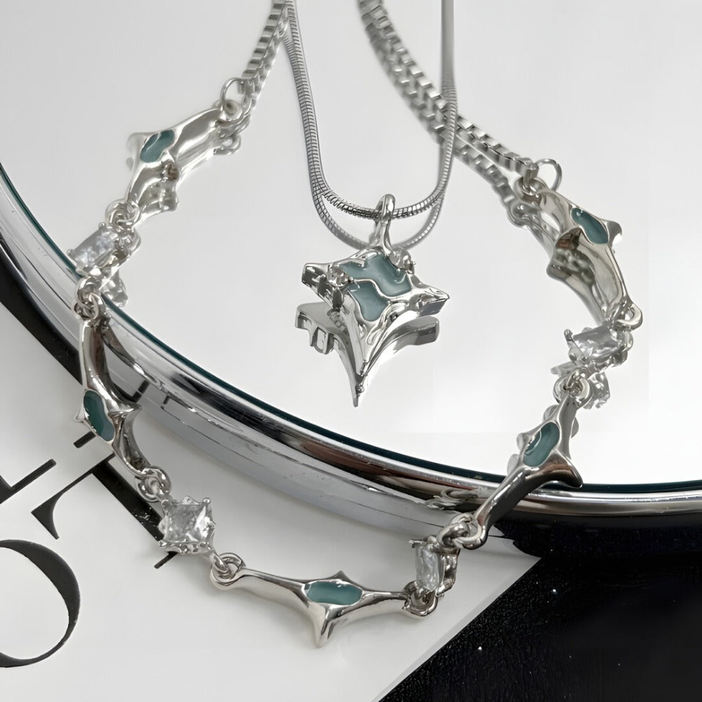 Blue Four-Point Star Crystal Pendant Layered Necklace Set