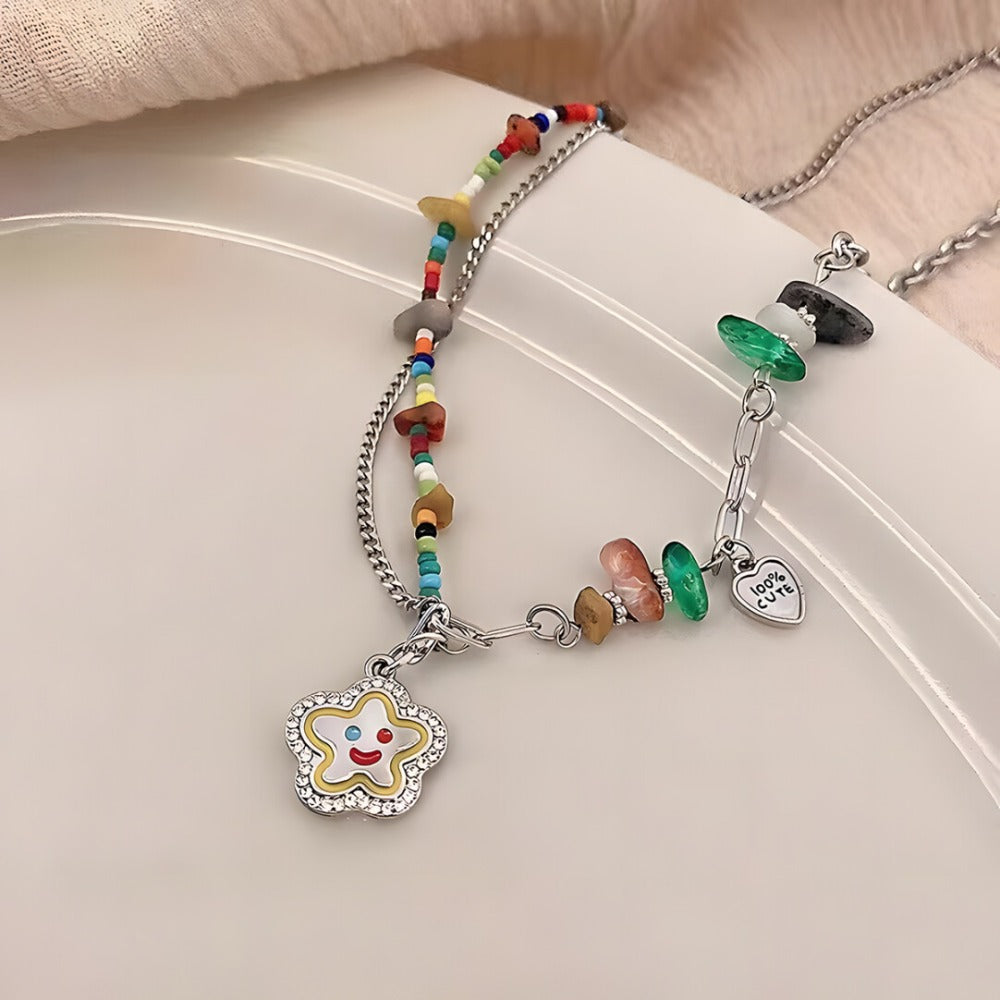 Colourful Beaded Double-Layer Pendant Necklace