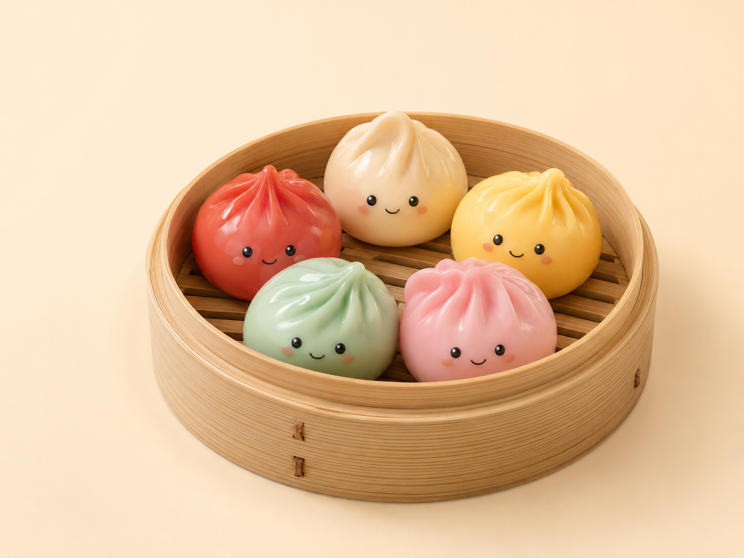 Colorful dumpling squishies in a bamboo steamer